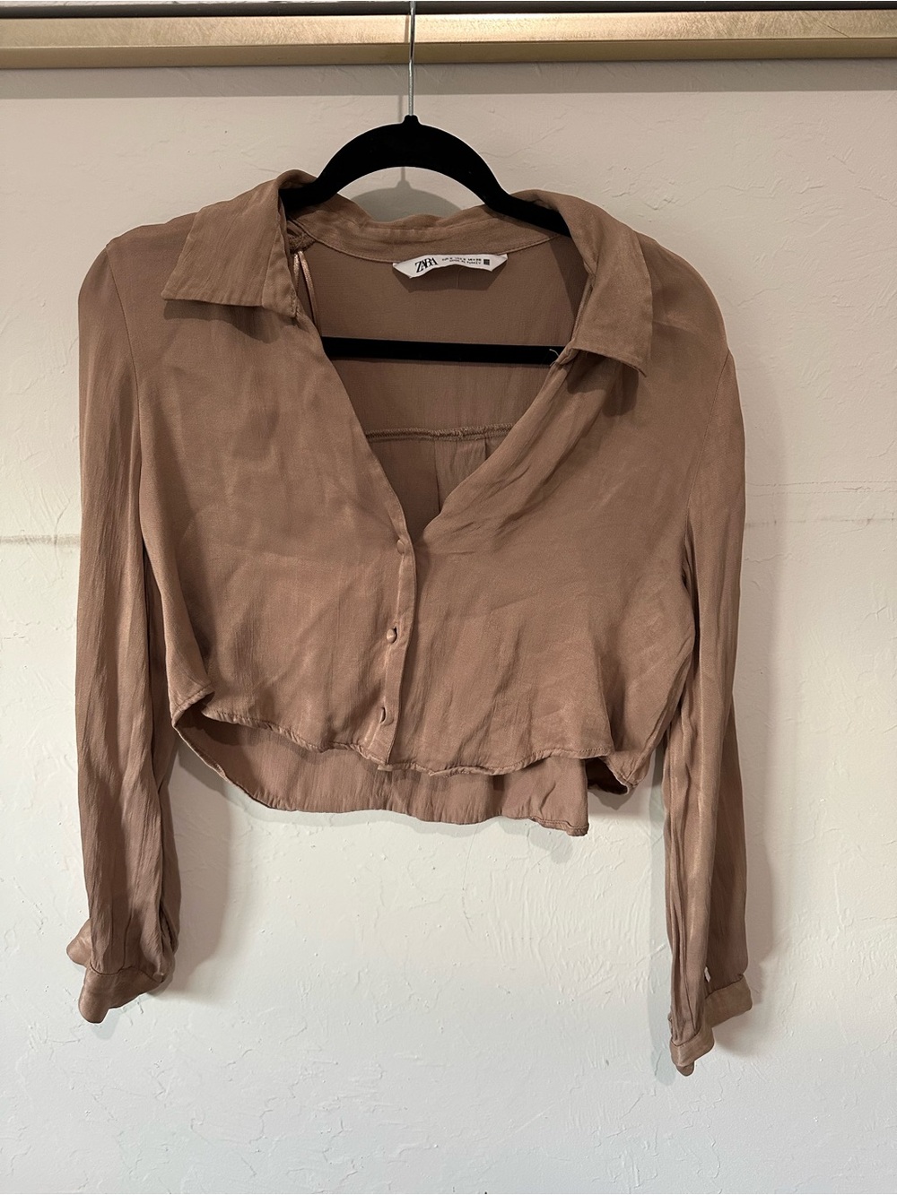 Zara Cropped Button-Down Top in Taupe Brown